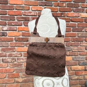 Vintage Handmade Wooden Brown Fabric Weave Crochet Single Strap Purse 14”x11”